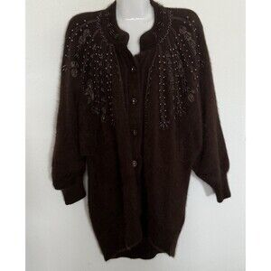 𝅺Vintage Super Soft Angora Cardigan Medium Fluffy Brown Womens Beaded Sweater